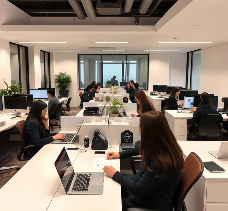 Personas trabajando en oficina con laptops, representando bienestar laboral,