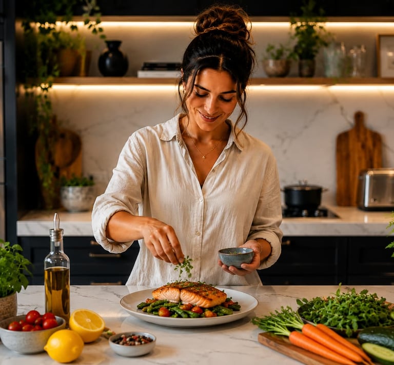 Receita saudável e nutritiva com salmão, legumes e ervas