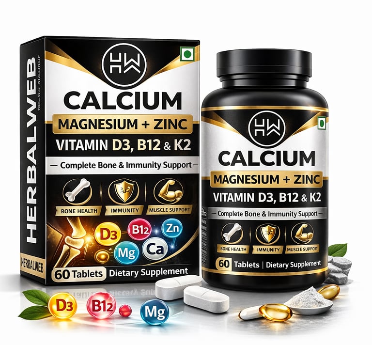 Herbalweb Calcium Magnesium Zinc supplement bottle with Vitamin D3, B12, and K2 for bone health.