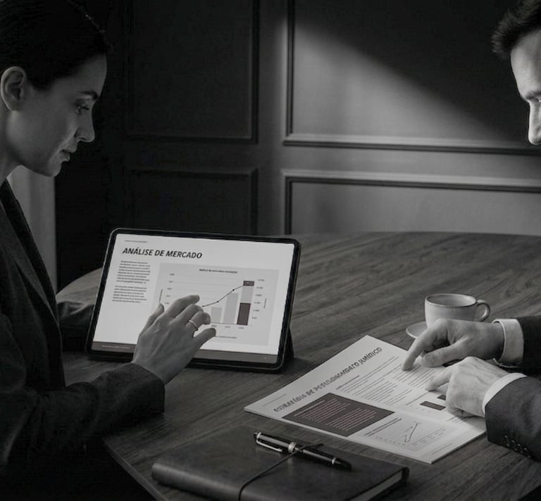 Advogada revisando uma análise de mercado em tablet