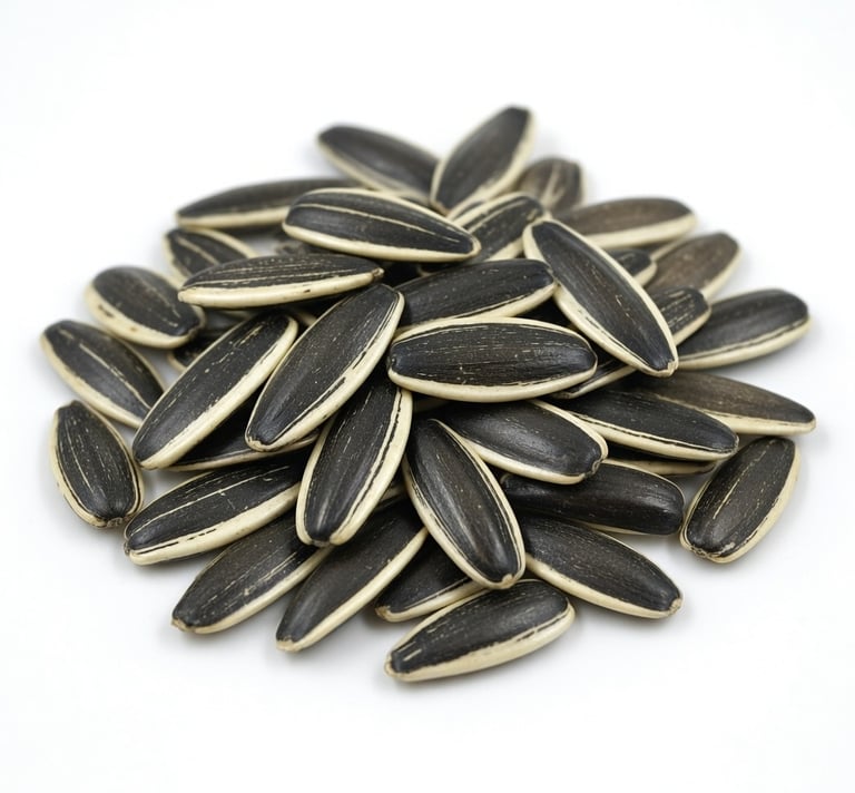 A heap of whole roasted sunflower seeds in black and white shells on a plain white background.