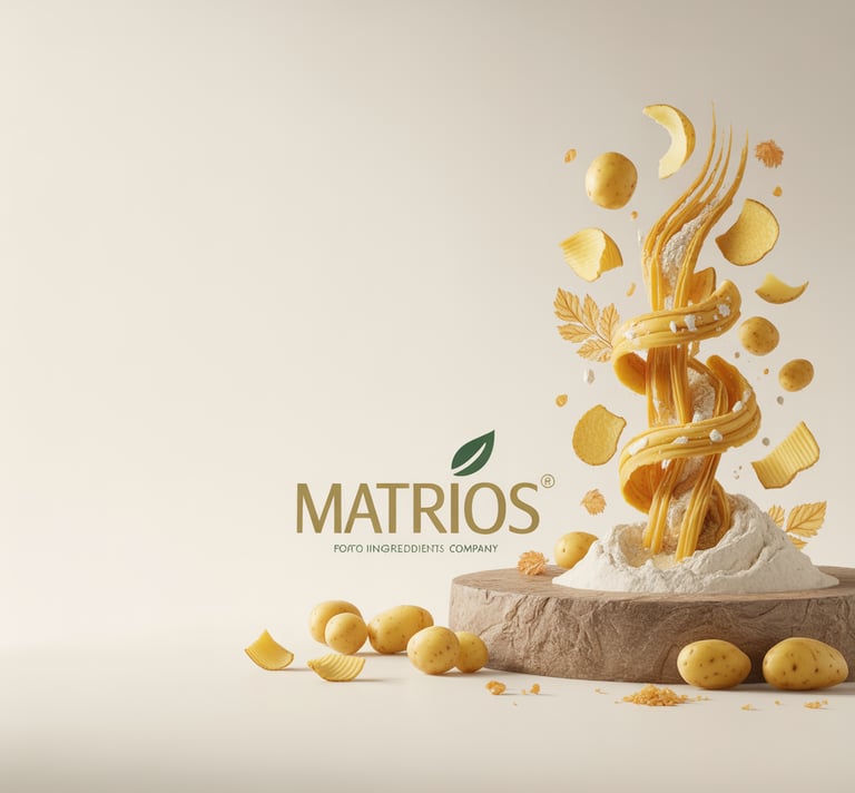 Fresh whole potatoes and crinkle-cut chips swirling with flour for Matrios food ingredients company.