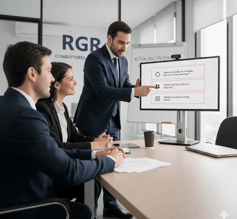 Equipo profesional revisando propuesta de asesoría fiscal en oficina moderna.