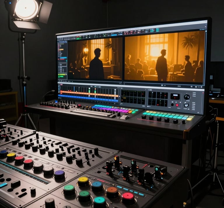 Wide shot of a film production suite interior — a large grading monitor glowing with a deep amber cinematic still, rows of hardware panels and color grading wheels in foreground, hard tungsten key light cutting across the room from upper left, deep practical shadows filling the right edge, no people visible