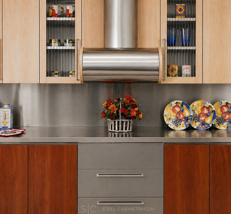 Stainless steel kitchen cabinets with wood fronts