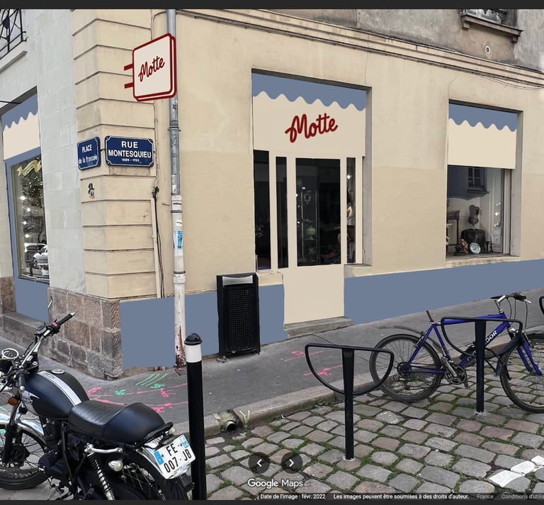 Motte boutique storefront on Rue Montesquieu in Paris with a vintage motorcycle and bicycle parked outside.