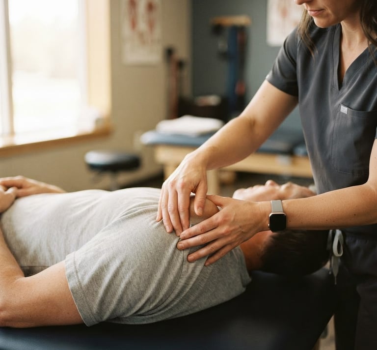 Hands-on joint mobilization by a clinical therapist under soft natural window light, focusing on precise movement mechanics, shallow depth of field, 35mm lens