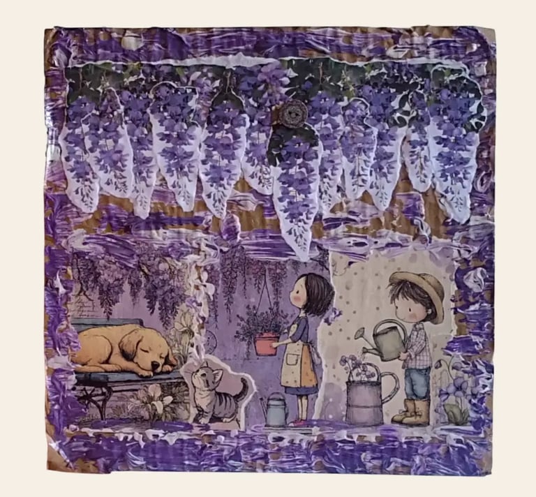 Regali famiglia personalizzati, quadro materico viola con glicine, collage di mamma, papa e cane. - Guance Rosse