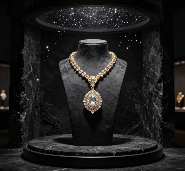 Close-up of delicate gold jewelry catching the glow of a pale moonlight against a midnight noir background.