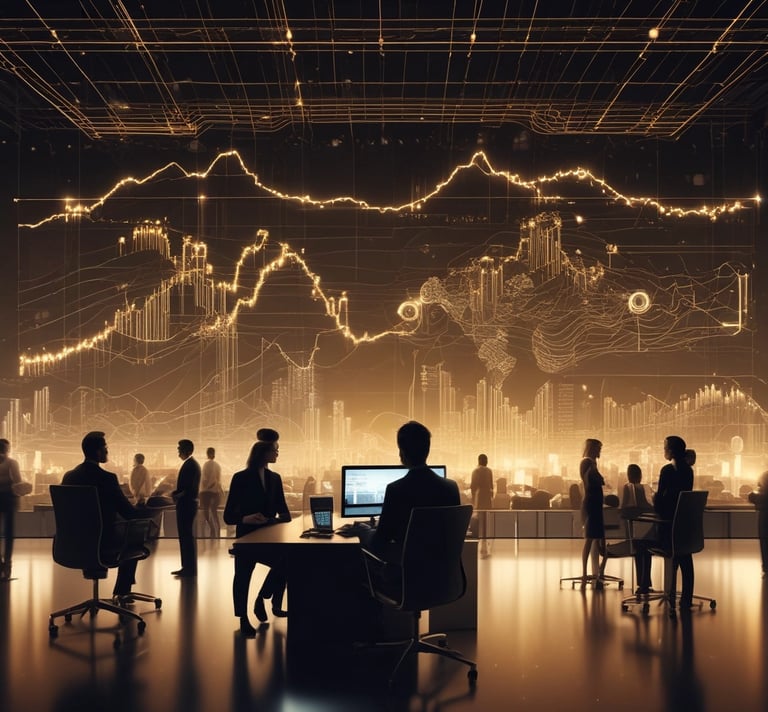 A sleek modern office with dark tones and golden accents, symbolizing innovation and trust.