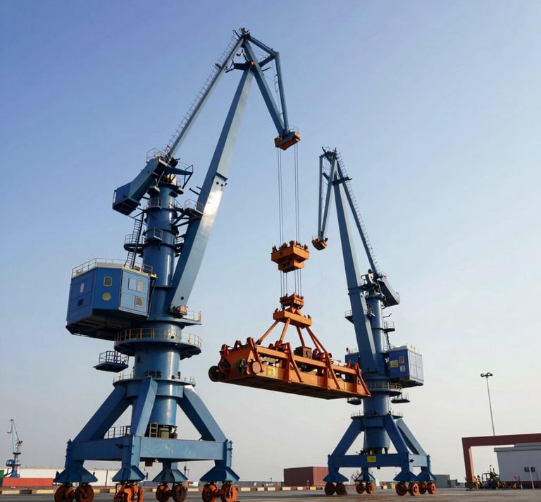 Low-angle power shot of a massive industrial crawler crane lifting a heavy steel component at a busy port, morning sun reflecting on maritime blue metal, 35mm crisp photography