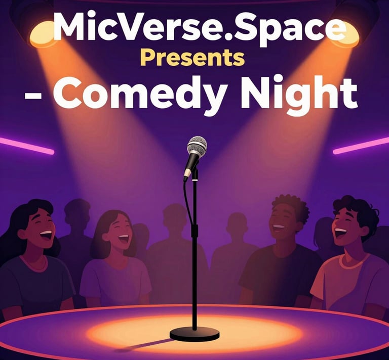 A lively comedian on stage under warm spotlights, engaging an amused audience.