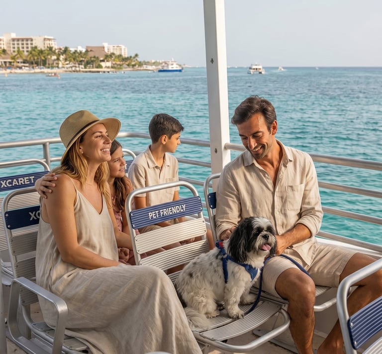 familia con perro en ferry xcaret xailing ferry isla mujeres ferry cozumel petfriendly
