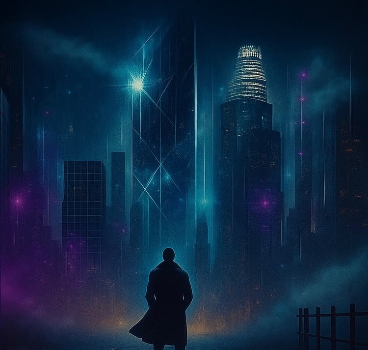 a man standing in front of a cityscape