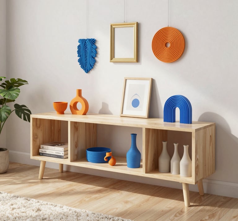 Variety of 3D printed gadgets and accessories displayed on a modern shelf