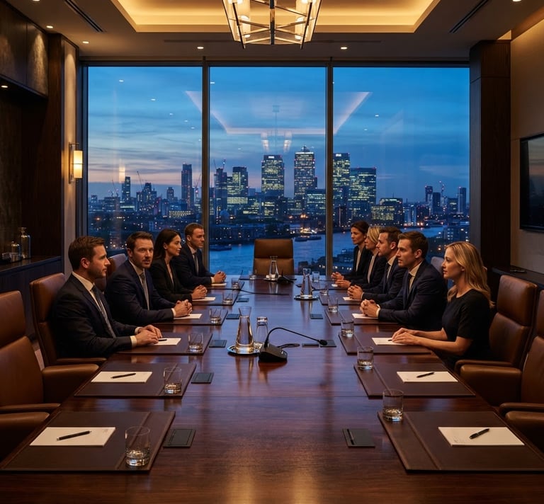 An elegant corporate boardroom overlooking a city skyline at dusk, warm gold lights reflecting on a dark mahogany table, professional atmosphere.