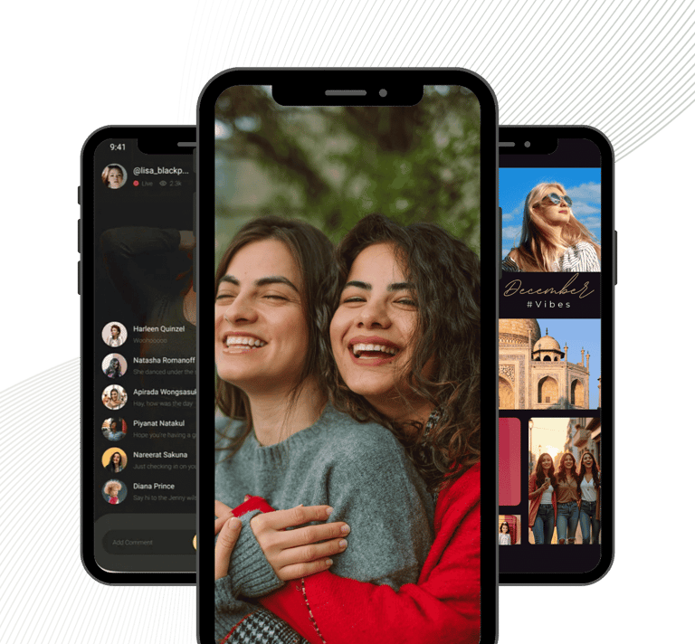 Jazly social media app interface on smartphones showcasing user profiles and lifestyle photo sharing.