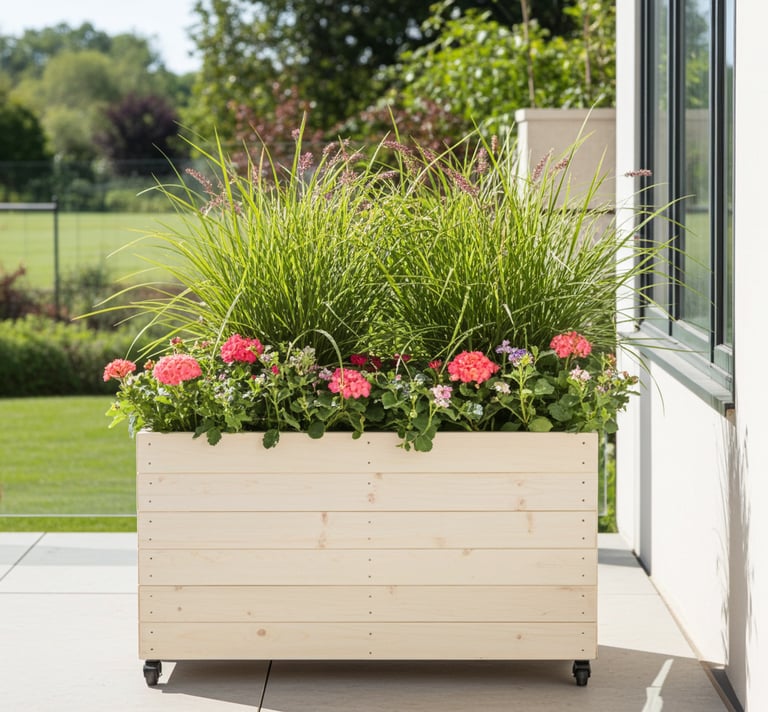 large wooden planter on wheels custom made flower box with castors wooden trough handmade in uk screening patio garden 