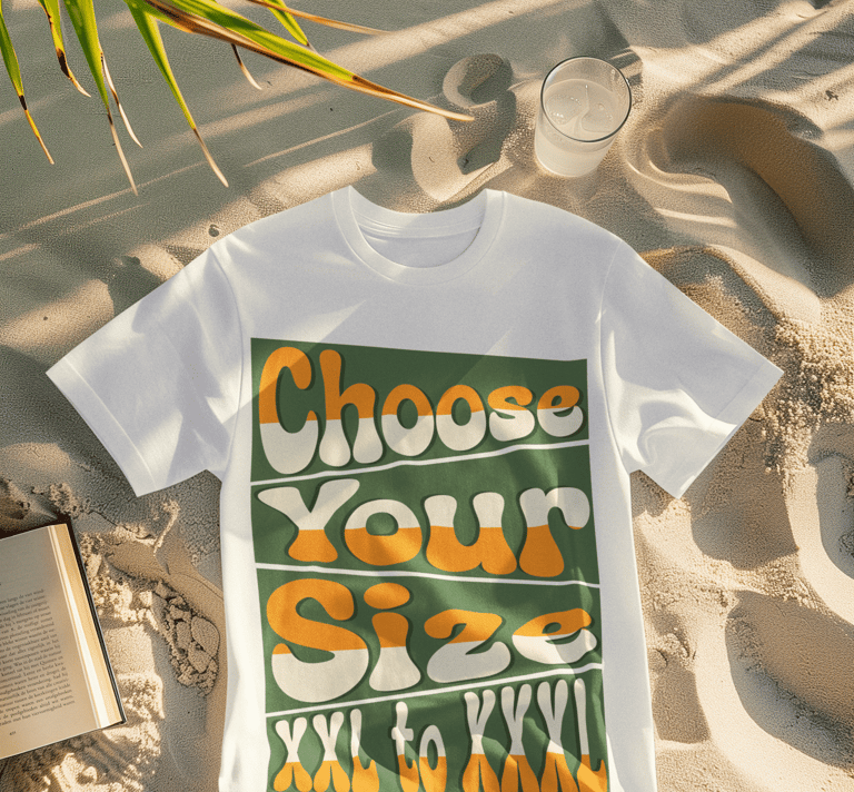 Plus size white graphic t-shirt on a tropical beach with a book and iced drink.