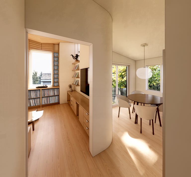 Modern open-concept living room and dining area with curved walls and light wood flooring.