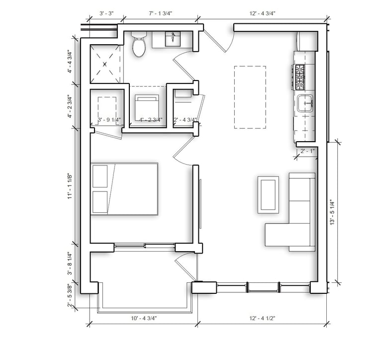 Detailed studio apartment floor plan with kitchen, living area, bedroom, and bathroom dimensions.