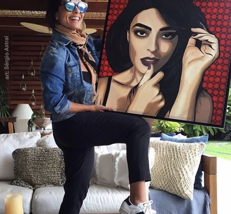 Uma pintura vibrante no estilo Pop-Art de um retrato, com cores intensas e contornos marcantes.