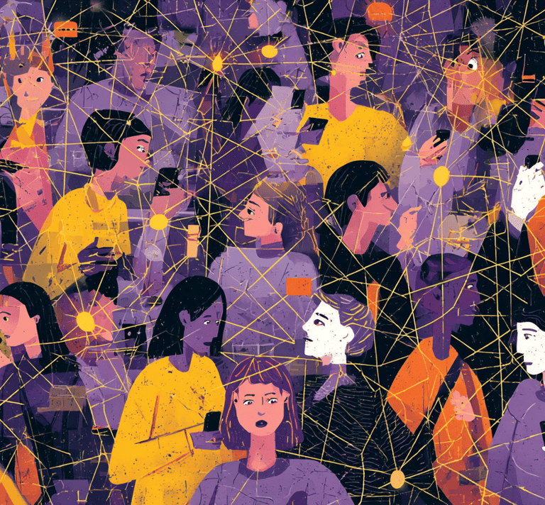 a crowd of people standing around a cell phone