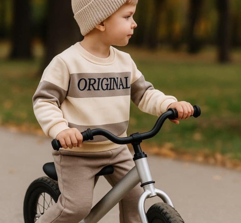 vaikas apsirengęs laisvalaikio kostiumėliu važiuoja dviračiu