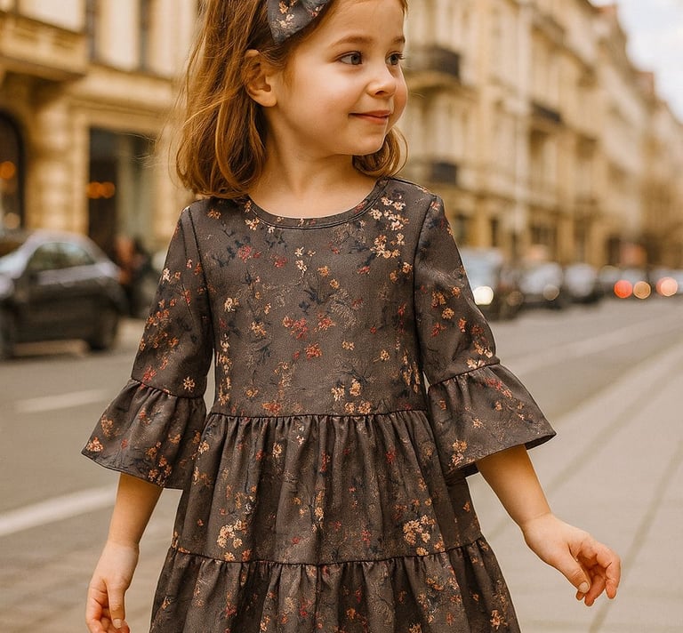 mergaitė su gelėta suknele