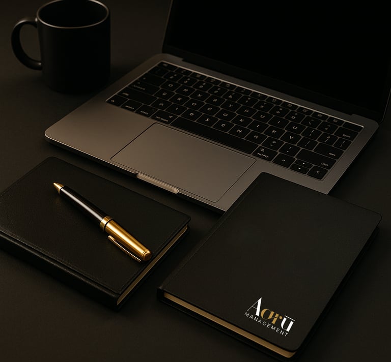 Aaru notebook and pen beside laptop