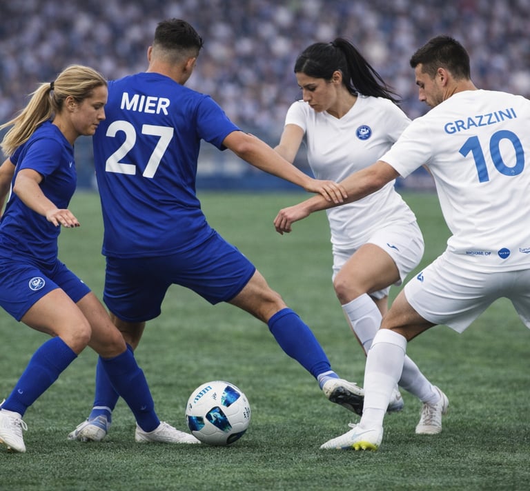 Mixed gender soccer players competing for ball control on a green turf field during a match.