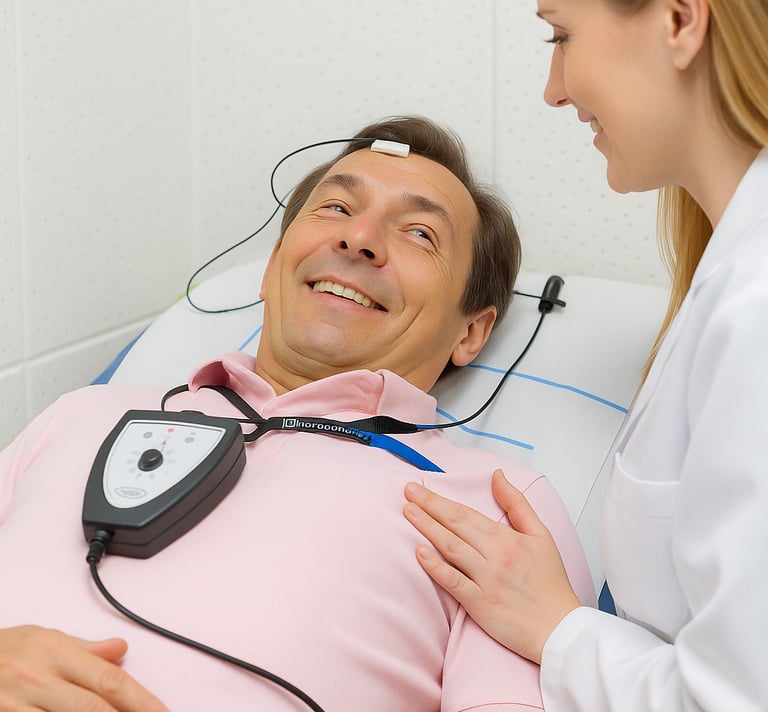 Senhor sorrindo fazendo o exame Eletrococleografia