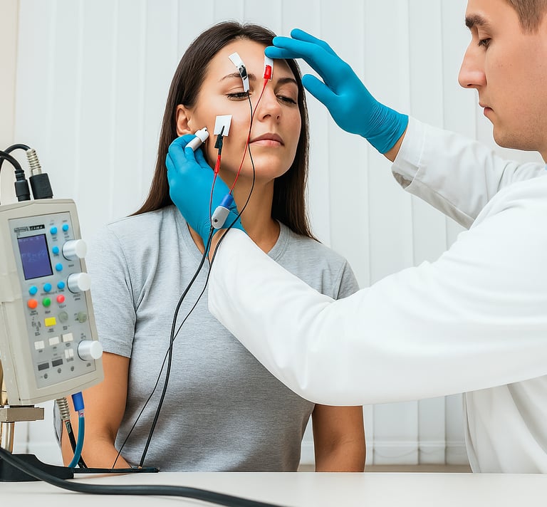 Uma moça fazendo o exame Vectoeletronistagmografia (VENG)