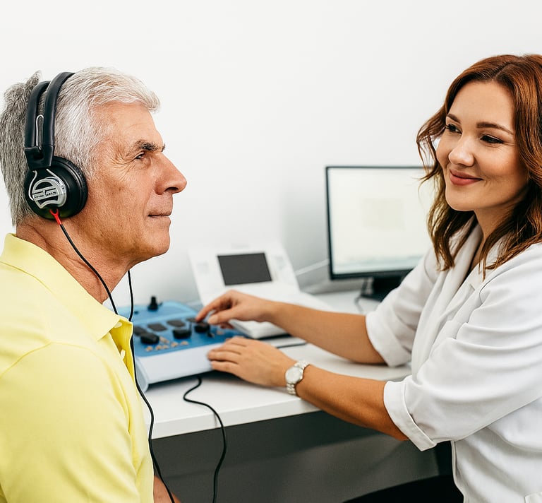 Um senhor fazendo o exame Imitanciometria
