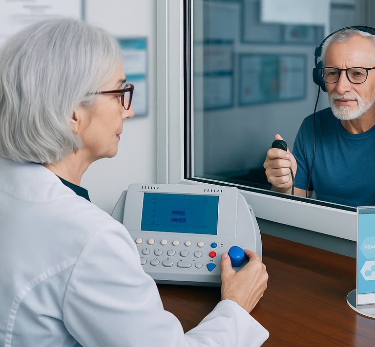 Senhor fazendo exame de audiometria vocal