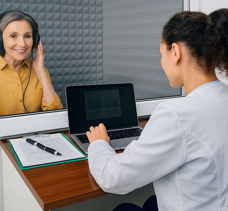 Senhora fazendo exame de audiometria tonal
