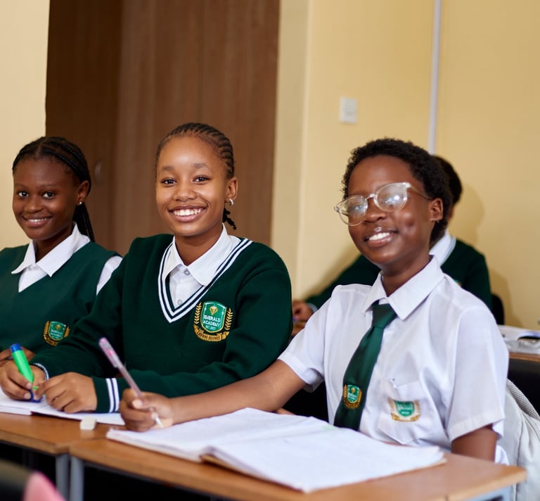 Smiling female high school students in green uniforms studying in a bright classroom.