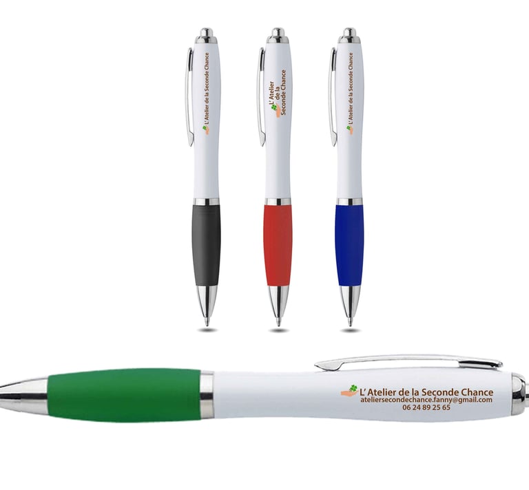 stylo à bille blanc avec embout en caoutchouc de couleur