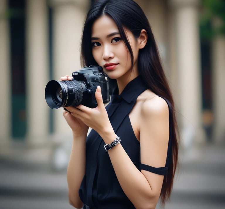 A beautiful Vietnamese girl is holding a red camera with cooke s8 lens mounted on the camera