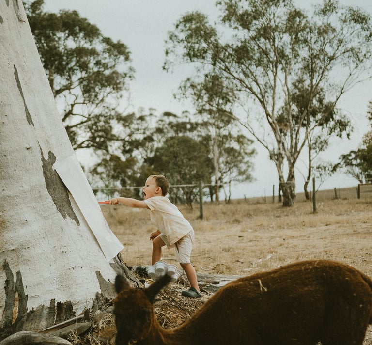 toddler painting in nature as part of a candid family session in Adelaide Hills