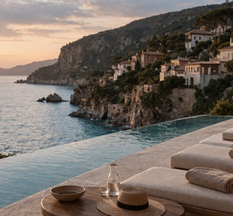 Luxury coastal villa with infinity pool sea view.