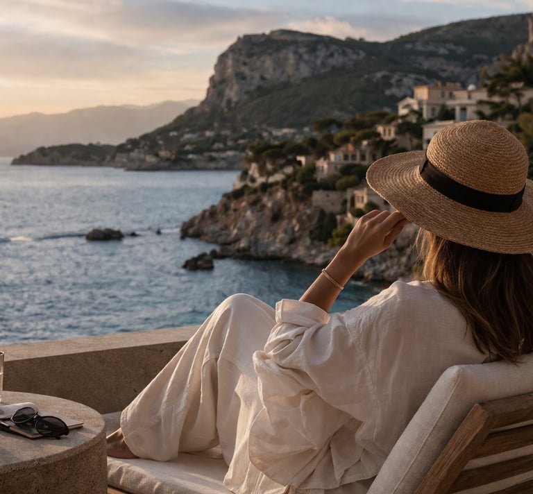 Woman relaxing on luxury seaside terrace at sunset.