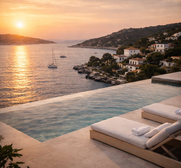 Coastal luxury villa overlooking sea at golden hour