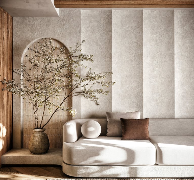 Modern minimalist lounge with limestone-textured walls and bespoke wood paneling in neutral palette