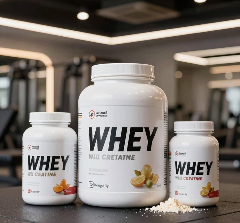 A close-up of supplement bottles and protein powders arranged on a wooden table.