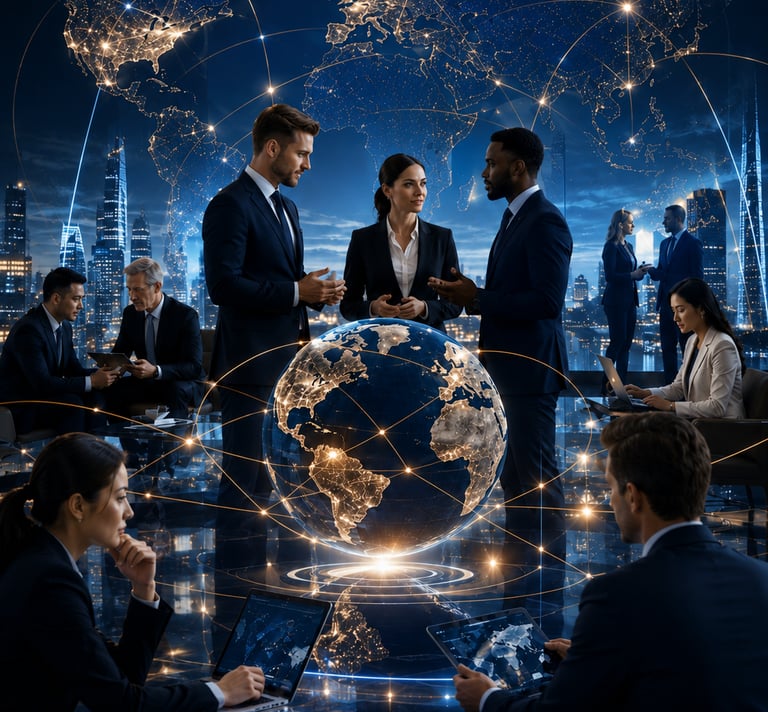 Diverse business professionals collaborating in a high-tech office with a glowing digital world map and global network