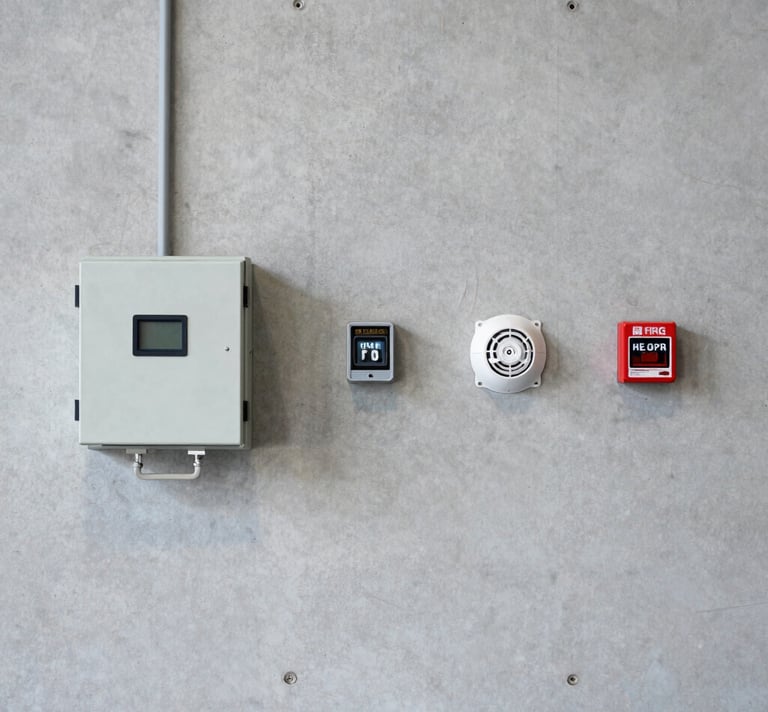 Technician installing a fire alarm system in a commercial building