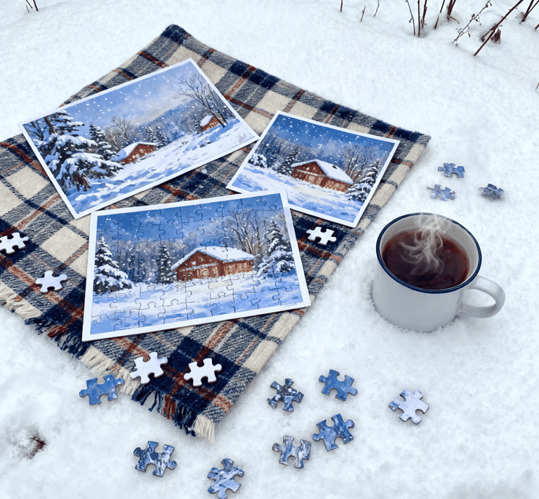 There is a cup of coffee and a completed jigsaw puzzle on the snow.