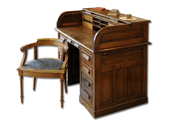 Bureau à cylindre ancien restauré et sa chaise, atelier l'Am'arante