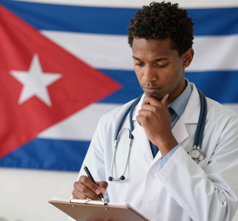 A warm, welcoming medical professional reviewing documents with a Cuban flag softly visible in the background